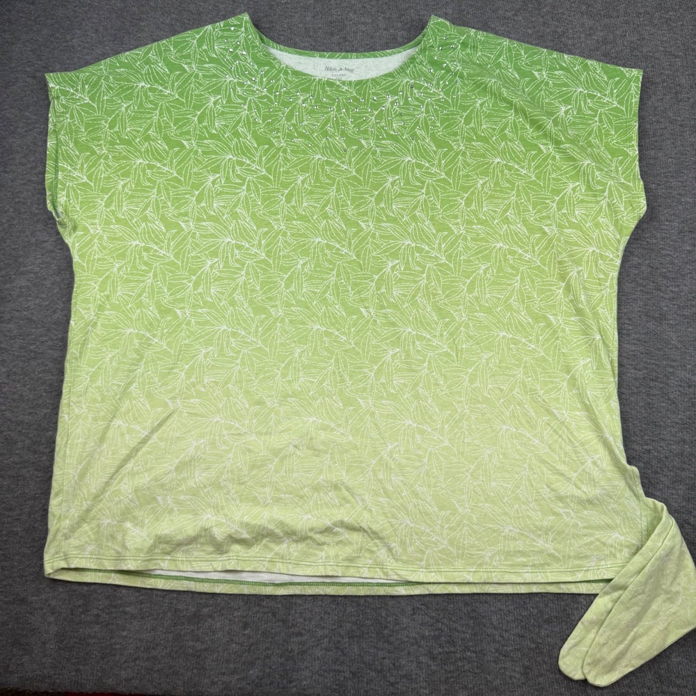 White Stag‎ Top Womens XXL 20 Green Ombre Leaf Print Rhinestone Side Tie Shirt